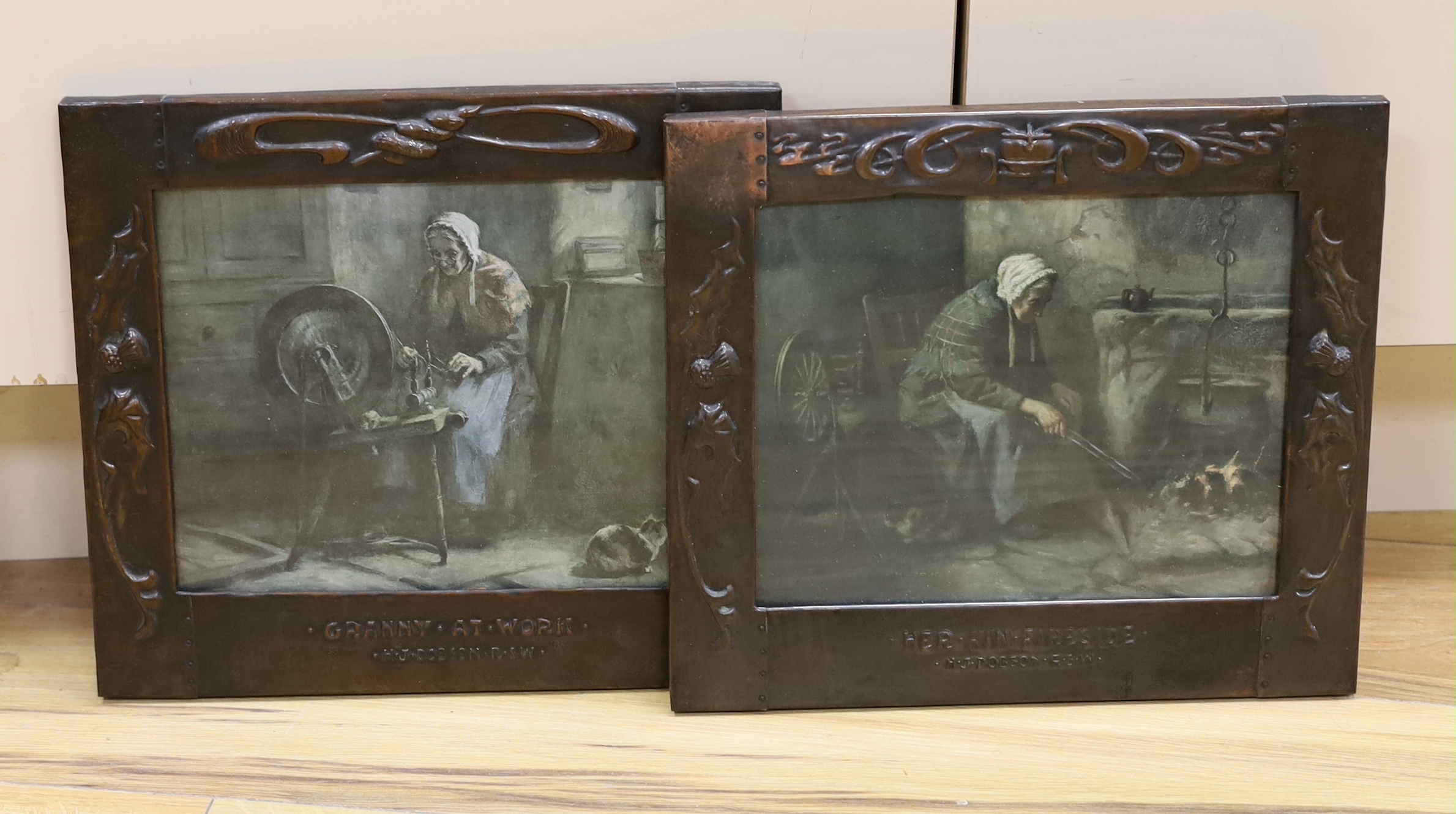 A pair of Scottish, Arts and Crafts copper embossed frames, housing colour prints after Henry John Dobson, overall 33cm x 29cm